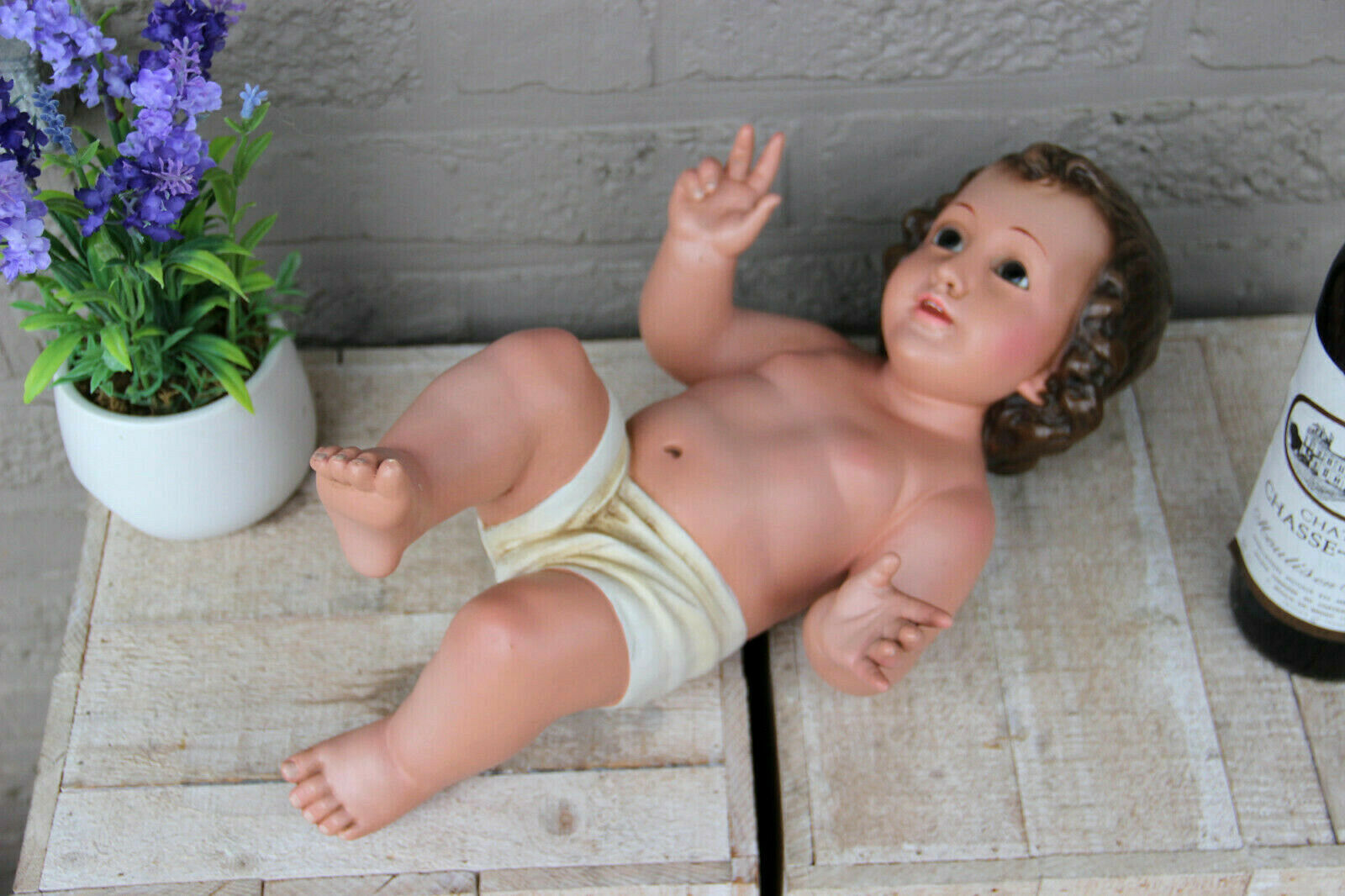 Antique rare XL Baby Jesus Terracotta polychrome glass eyes