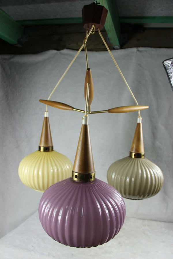 Mid century Rare multi colour Teak wood globes chandelier pendant louis kalff