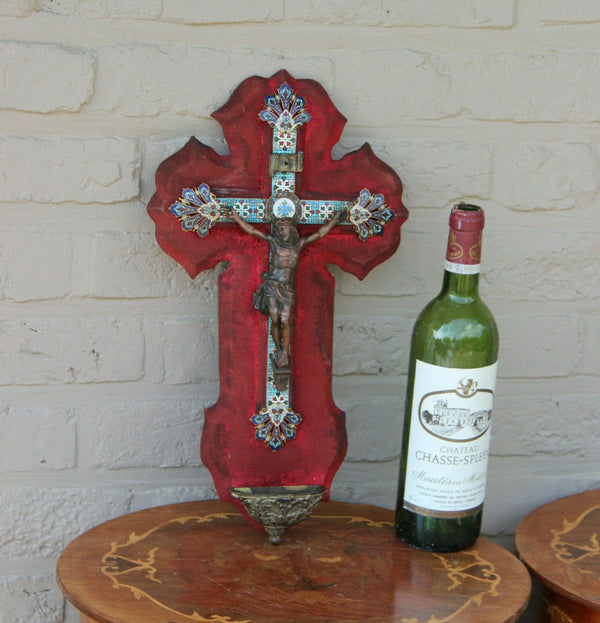 Antique French Religious holy water font bronze christ crucifix cloisonne enamel