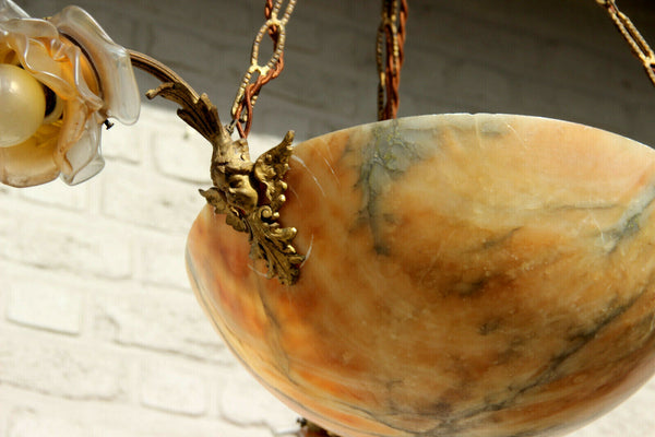 Antique French art nouveau Alabaster amber bowl Caryatid putti heads chandelier