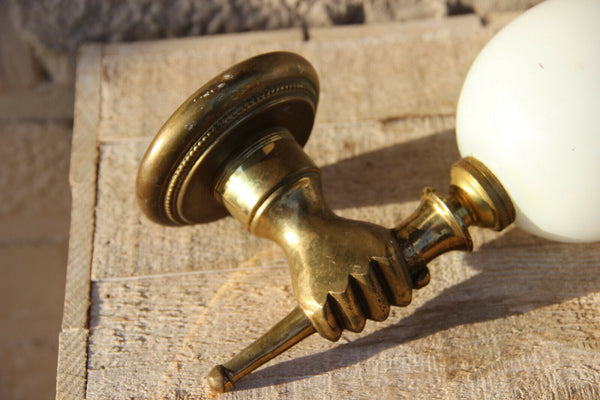 PAIR mid century Maison jansen bronze hand sconces wall lights opaline shades