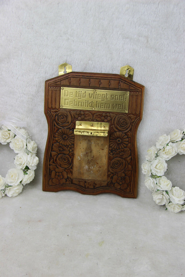 Old Flemish art deco Wood carved wall calendar holder with text plaque