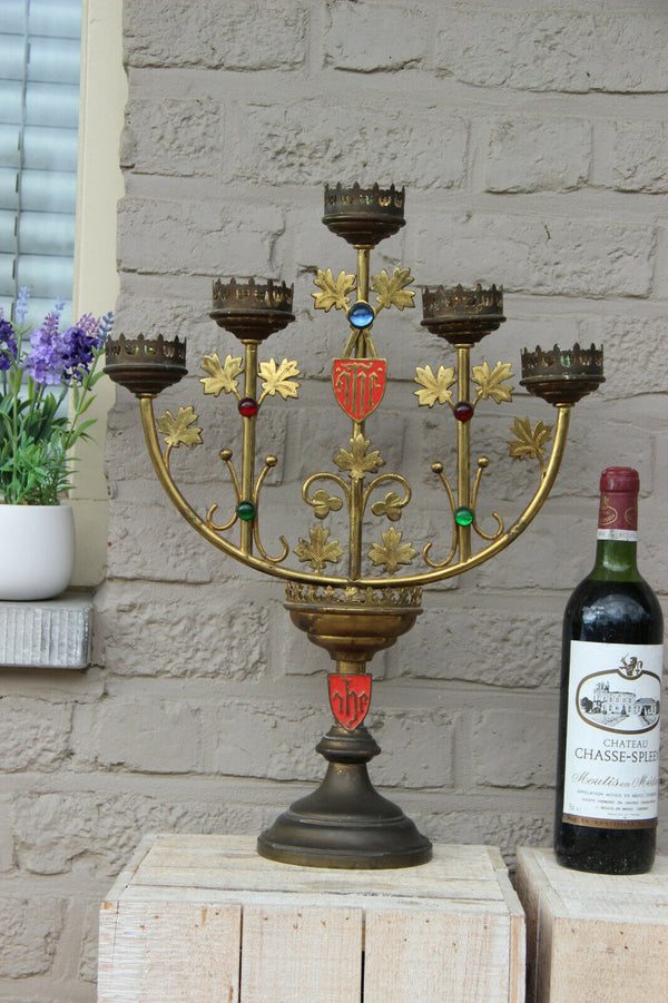 Antique French Religious copper altar candelabra candle holder stones