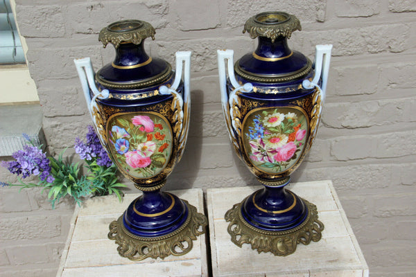 PAIR antique Vieux paris bayeux porcelain oil lamp vases portrait lady