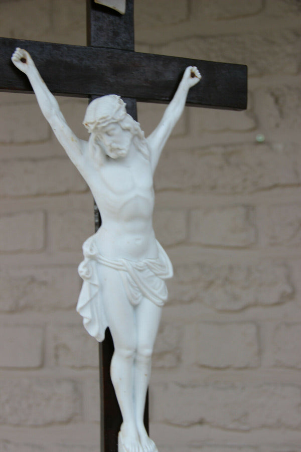 Antique french wood bisque porcelain christ crucifix religious
