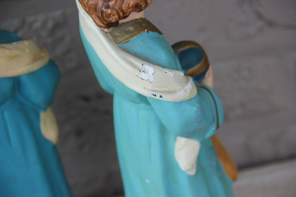 PAIR antique French chalkware Child Jesus Figurine statue with crucifix