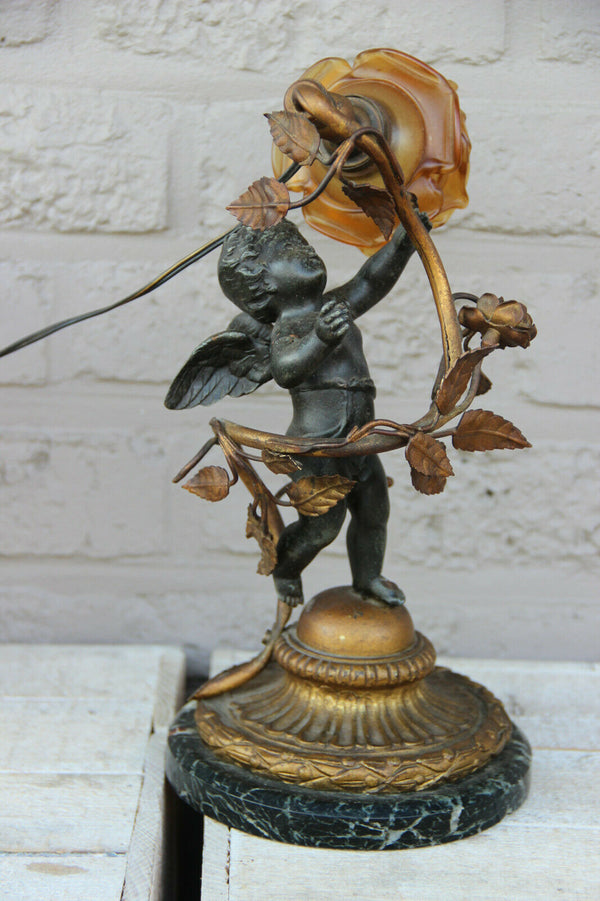 Antique French spelter marble base amber tulip shade angel putti lamp
