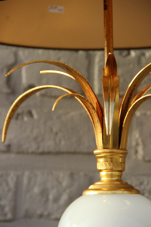 Mid century Brass opaline pineapple Leaf Table lamp attr Maison JANSEN 1960