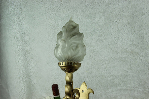 PAIR French cast iron gothic castle Flame shade sconces Wall lights 1950