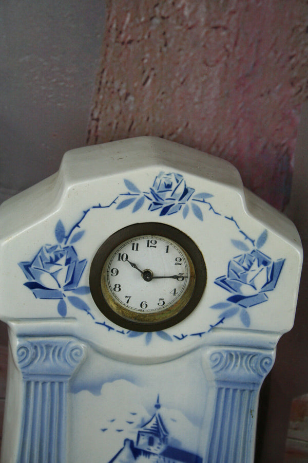 1960 Belgian Blue white pottery delft motif mantel clock marked
