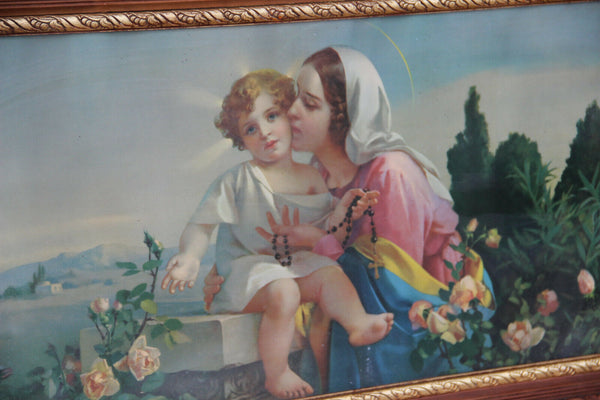 Huge Antique French Religious chromo Litho Madonna Jesus baby Framed