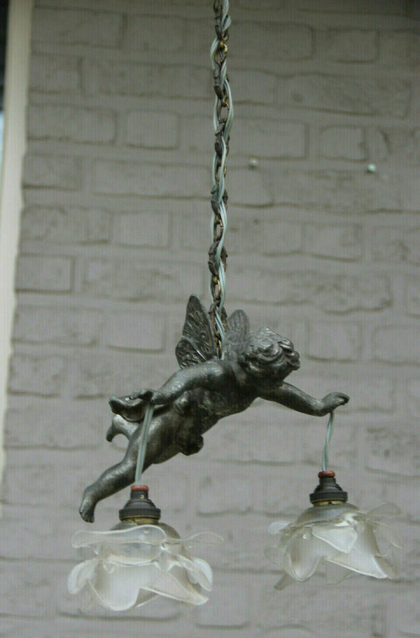 Superb antique parisian spelter bronze putti angel pendant lantern chandelier