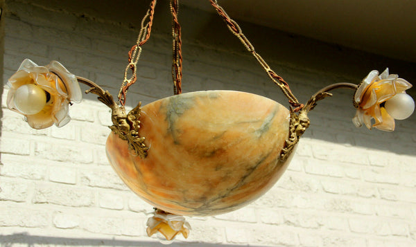 Antique French art nouveau Alabaster amber bowl Caryatid putti heads chandelier