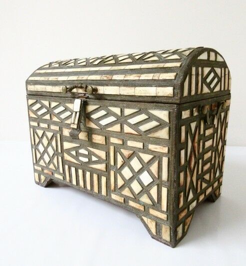 Huge XL  Antique Maroccan African Treasure chest box inlaid artisan work rare