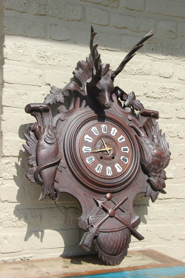antique German 1900 Black forest wood carved Wall clock hunting trophy fish bird