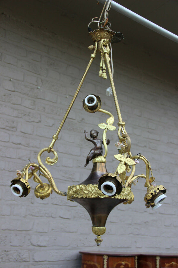 Gorgeous French Bronze putti angel porcelain flowers chandelier empire design