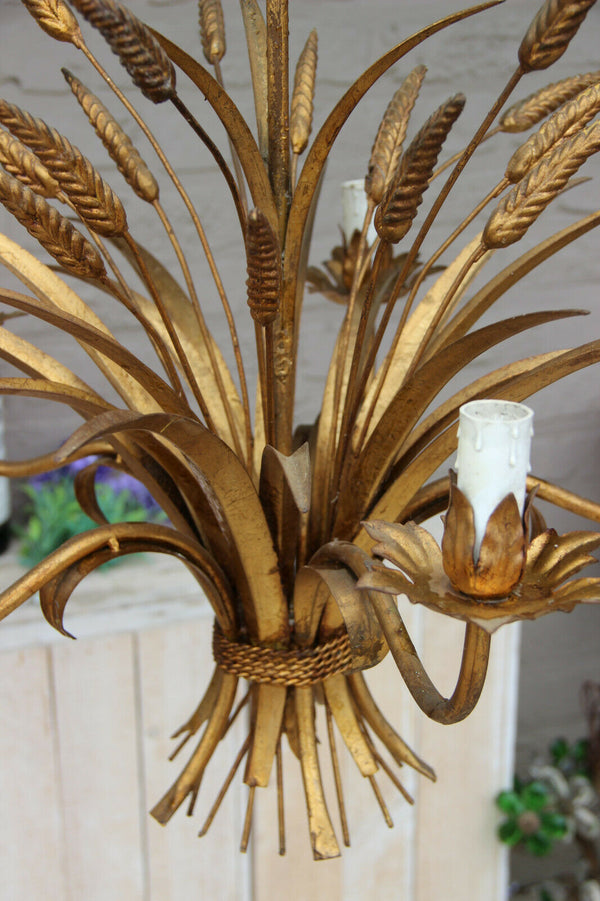 Vintage Florentine metal golt gilt 1970 Wheat sheaf bouquet chandelier lamp