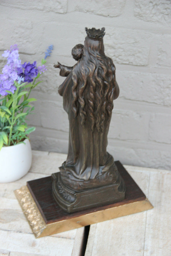 Antique French spelter bronze Madonna child statue religious figurine