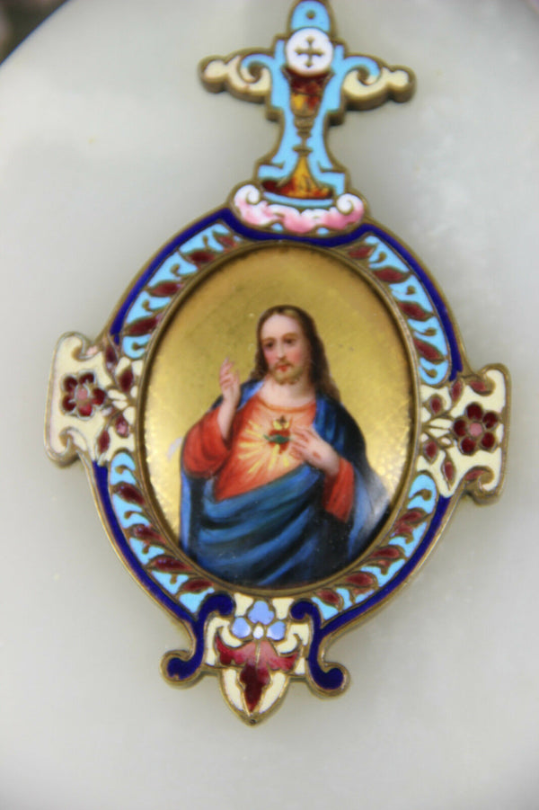 Antique 1900 Religious holy water font cloisonne enamel portrait porcelain