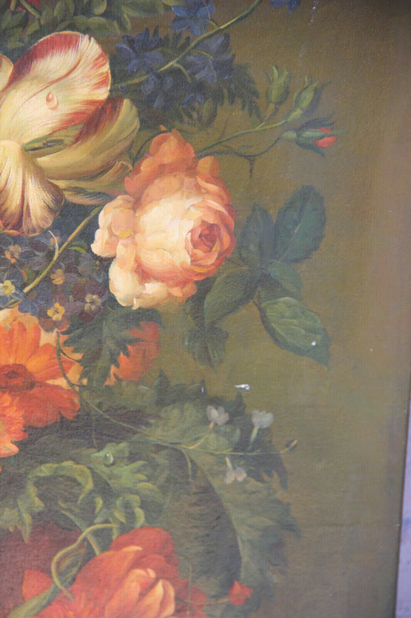 Flemish school vintage oil canvas painting floral flowers bouquet