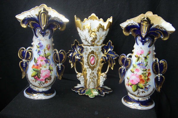 Antique French vieux paris porcelain set 3 Vases floral decor 1900