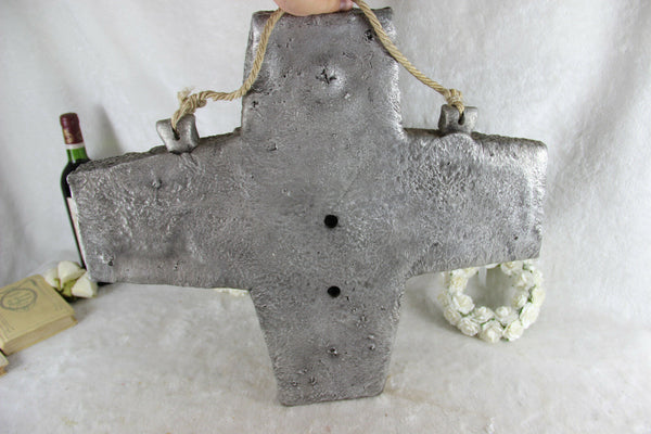 HUGE Rare BRUTALIST Stoneware malachite stones Crucifix cross religious christ