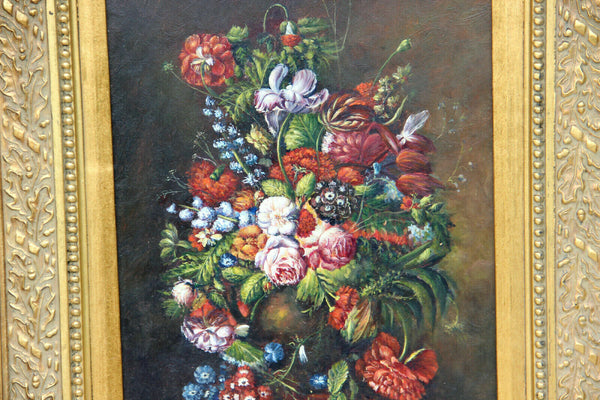 Flemish school oil panel still life flower bouquet signed framed 1950