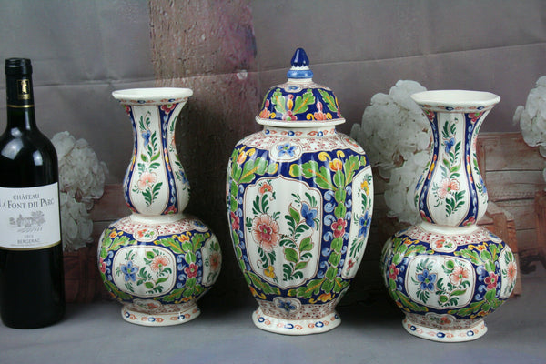 Set of 3 DELFT polychrome pottery Vases Marked floral decor mantel garniture