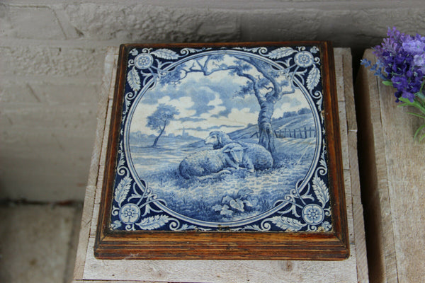 Antique DELFT pottery Tile sheep scene PAN PAT coaster wood frame
