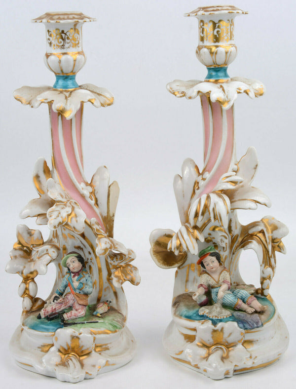 Antique Pair  French  porcelain hunt dog vases candle holder attr. jacob petit