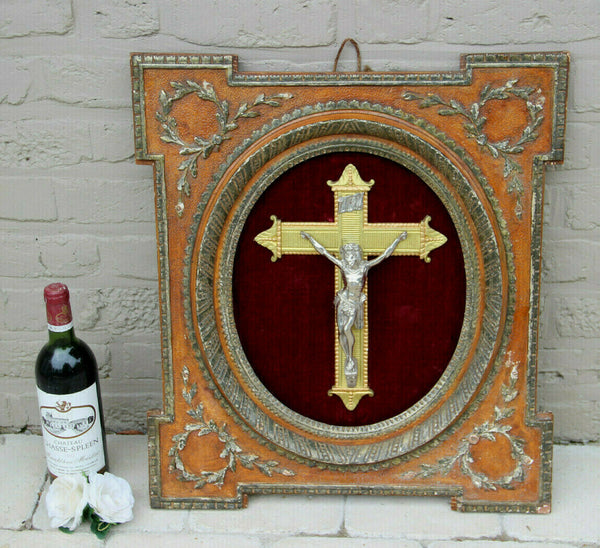 XL Antique French Religious crucifix cross frame wood plaster