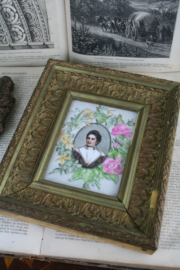 Painting oil on Porcelain Tile Plaque dated 1899 signed Lady framed