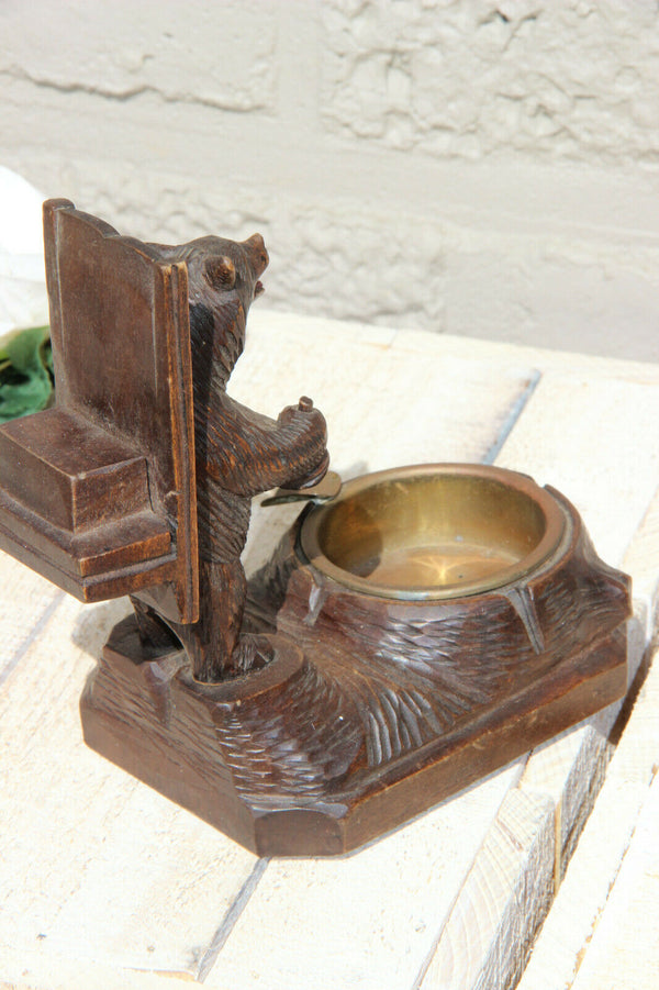 Antique hand Black forest wood carved swiss bear statue ashtray match holder