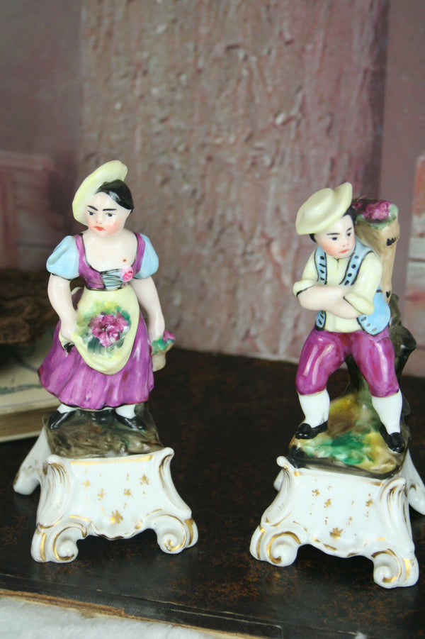 PAIR French antique petit pique fleurs Vases Figurines man&lady porcelain faienc