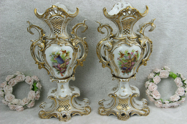 Antique XL 19thc French Vieux paris porcelain music Floral Vases