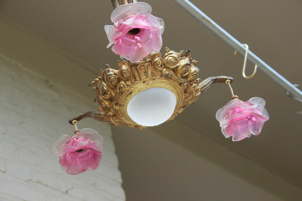 Antique art nouveau french pink tulip glass shade 3 arm chandelier pendant