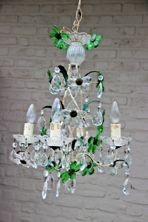 French Crystal glass green daisy flower chandelier pendant attr maison bagues