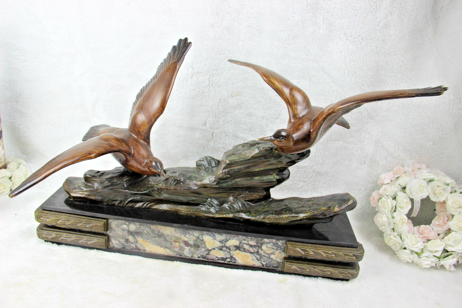 Art Deco Pair of French Spelter Bookends in Fish Shape and Marquinia Marble  Base