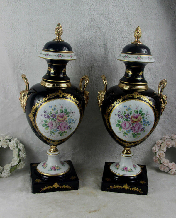 PAIR french marked Limoges porcelain Satyr head floral Vases 1950