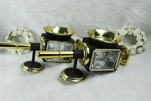 PAIR vintage Wall sconces Carriage coach lamps glass metal England 1970