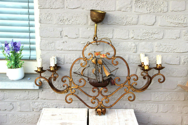 Rare Unusual Antique Bronze French Wrought iron Ship boat chandelier 6 lamps