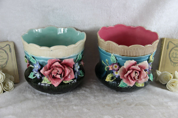 PAIR 1900 French Barbotine Majolica Relief floral jardiniere planter antique