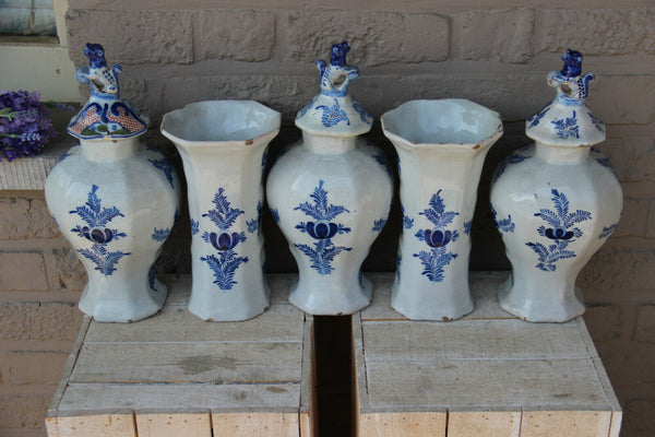 Antique holland 19th Adriaen kocks Delft pottery marked set 5 vases