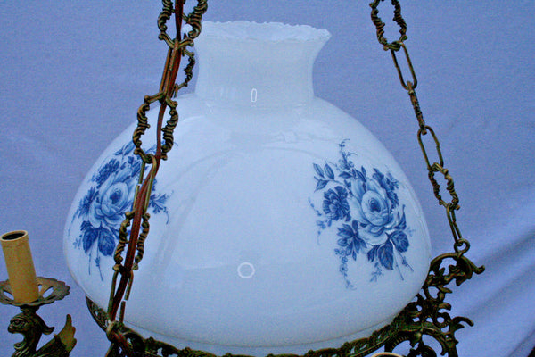 Unusual 60's  Blue white delft faience glass Metal Dragons gothic chandelier