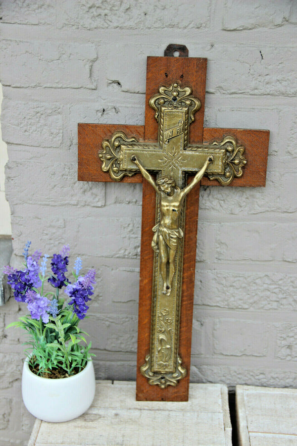 LARGE french antique Brass Wood Christ crucifix cross religious