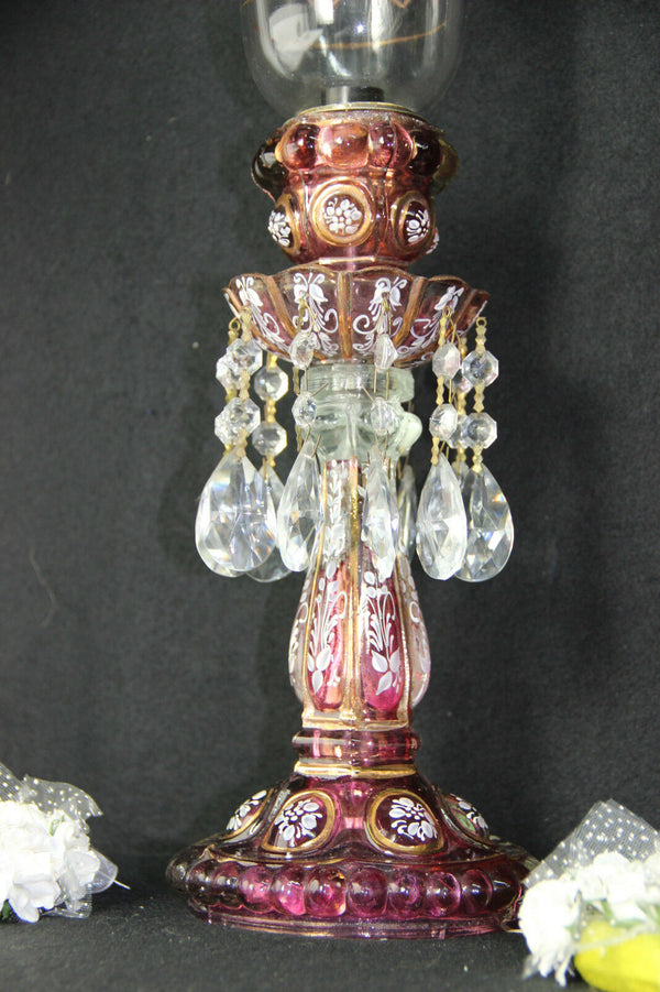 Antique Bohemian Cranberry Glass Girandole lamp crystal glass pendants Rare