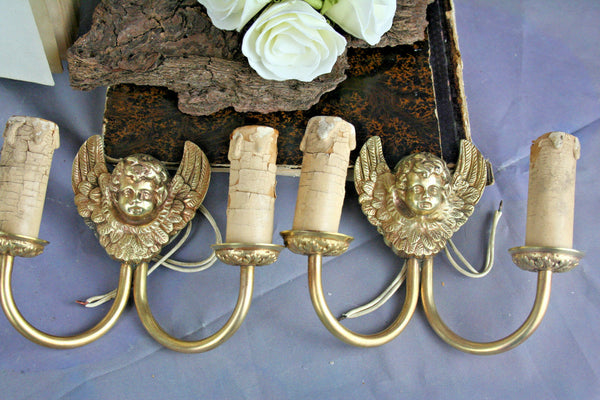 PAIR French brass bronze Wall sconces lamps lights Angels putti cherubs 1930