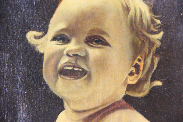 Antique 1934 Signed Belgian oil canvas portrait baby child painting cute