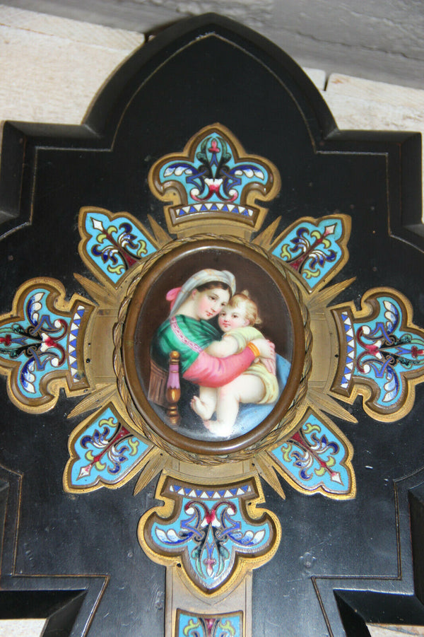 Antique XL Napoleon III holy water font enamel cloisonne porcelain madonna