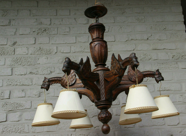 Antique french black forest wood carved gothic castle dragon chandelier